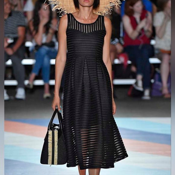 Christian Siriano Dresses & Skirts - Christian Siriano Black Mesh Stripe Cocktail Dress Nwt Womens Size S Midi